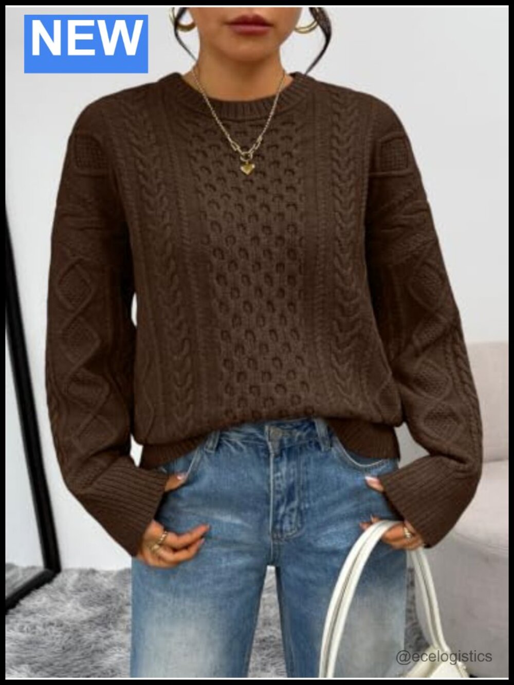 Oversized Cable Knit Sweater Women Crewneck Pullover Fall Fashion - Picture 2 of 5